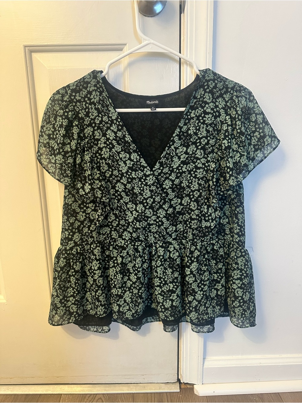 Madewell Black & Sage Floral Peplum Blouse